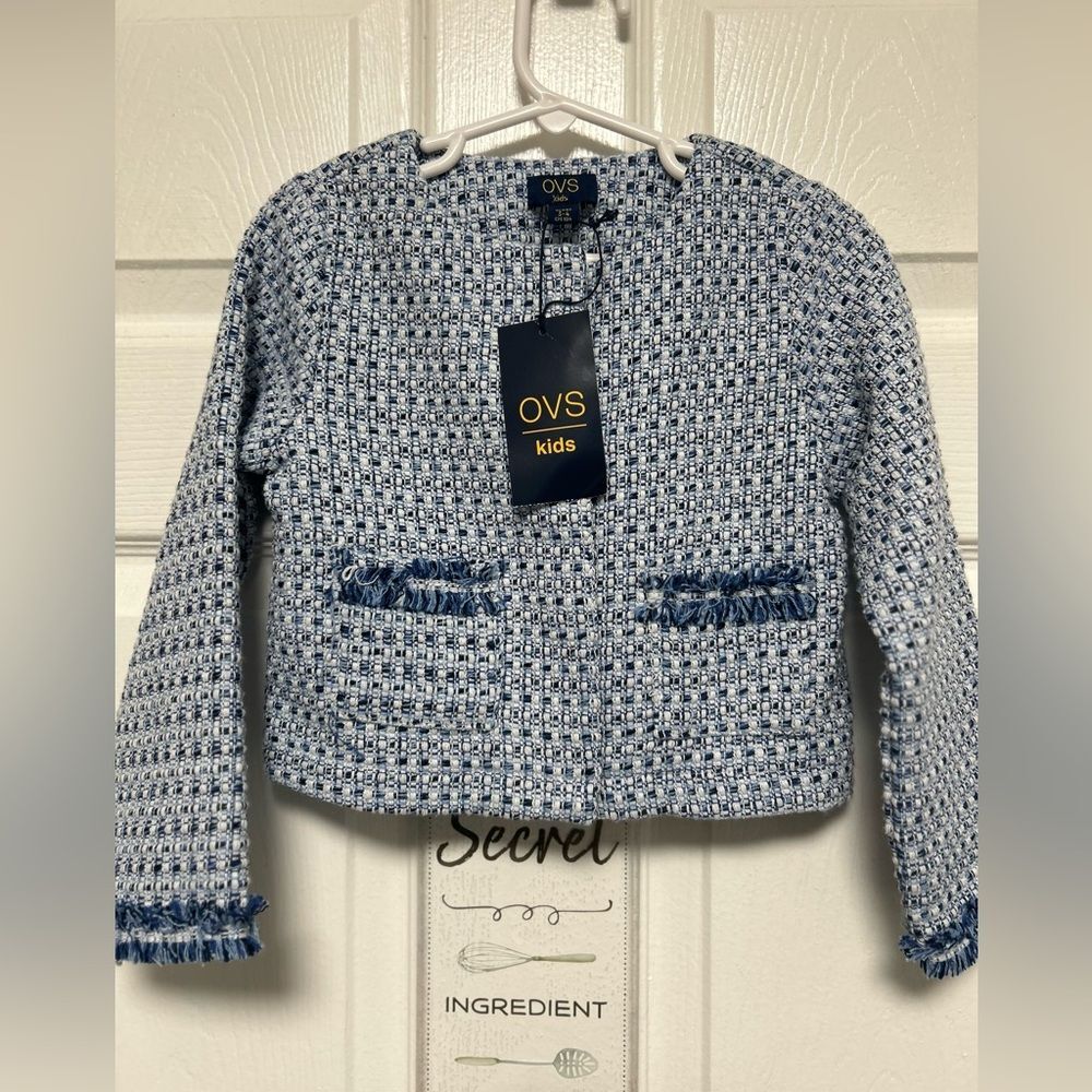 NWT OVS Girls Tweed Blue/White Short jacket Size 3-4 Years